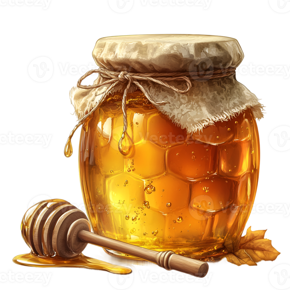 Golden Honey in Rustic Jar with Honey Dipper and Autumn Leaves png