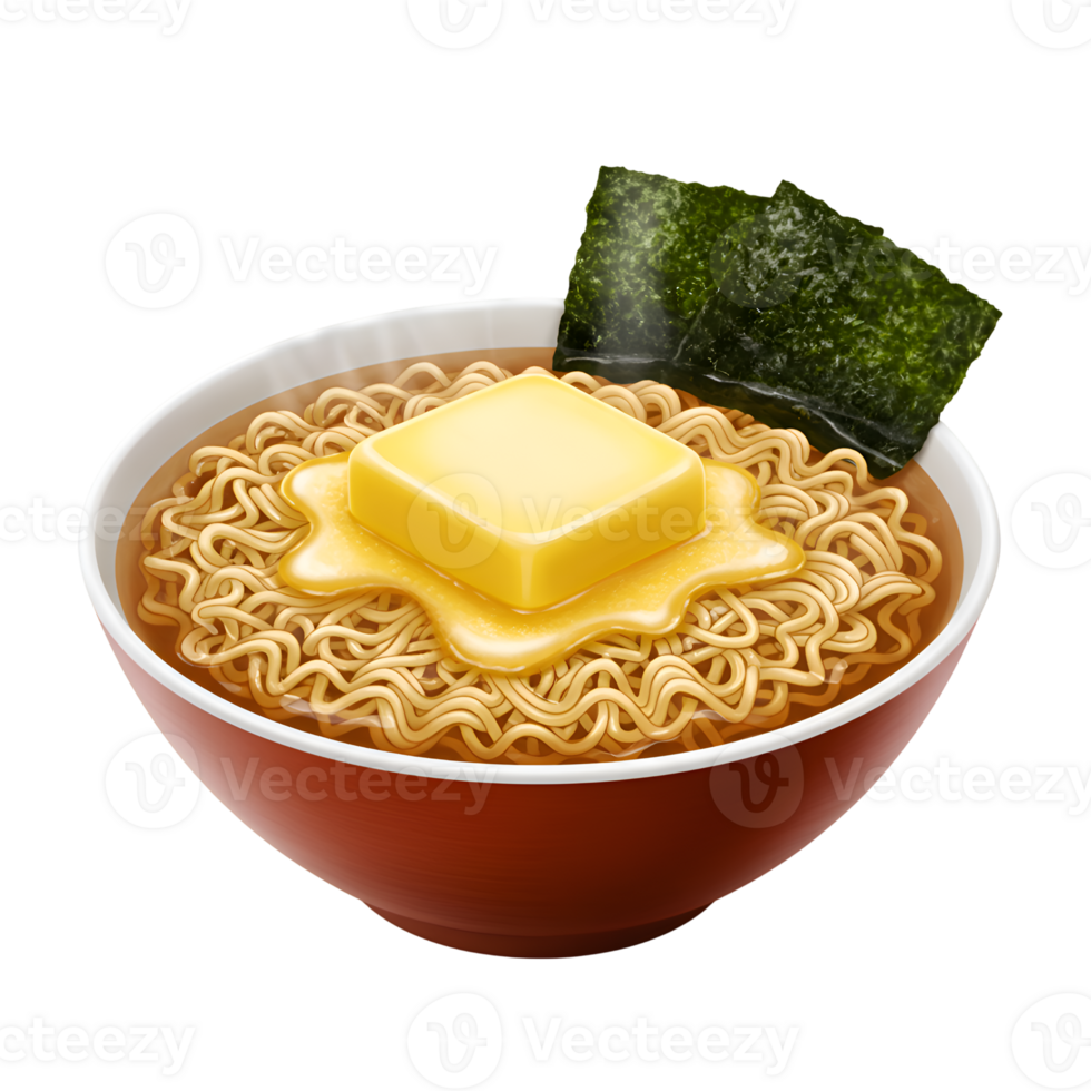 Delicious Bowl of Ramen Noodles with Butter and Nori png