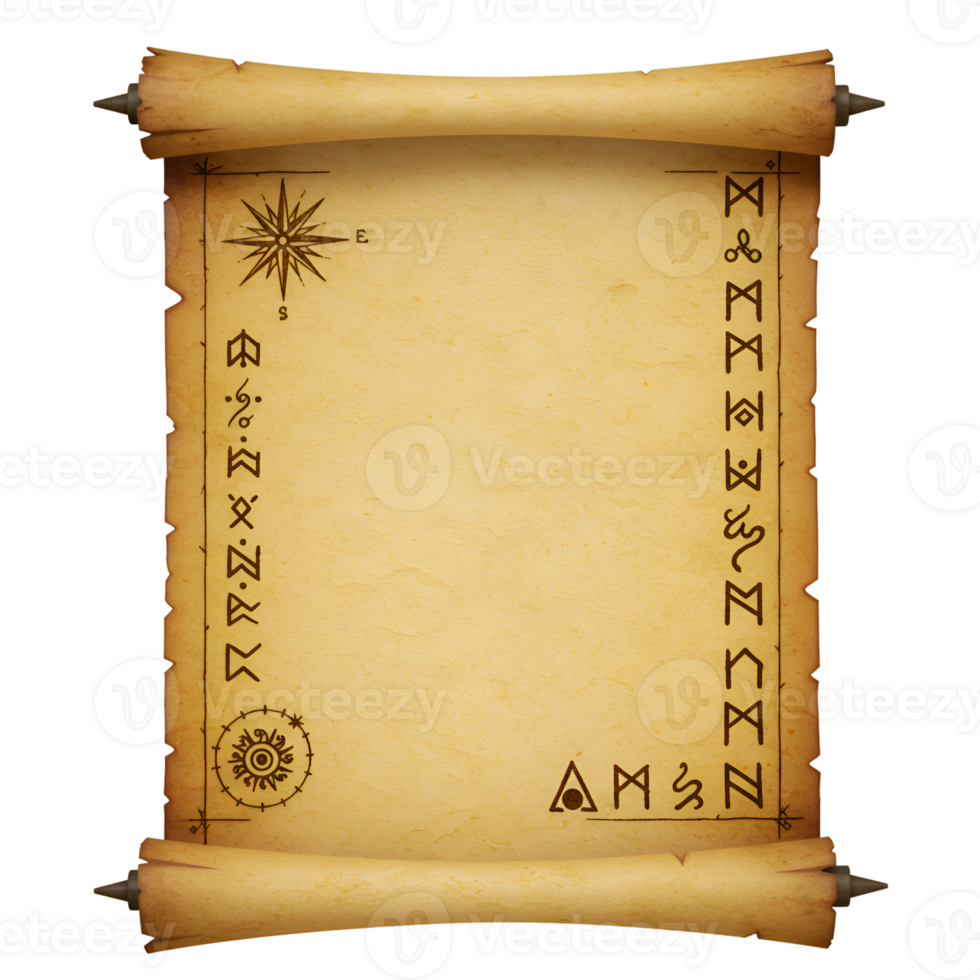 Ancient Parchment Scroll with Runes and Symbols Blank Template png