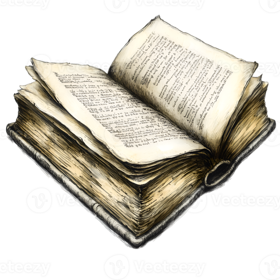 Antique Open Book, Vintage Textured Pages, HandDrawn Illustration png