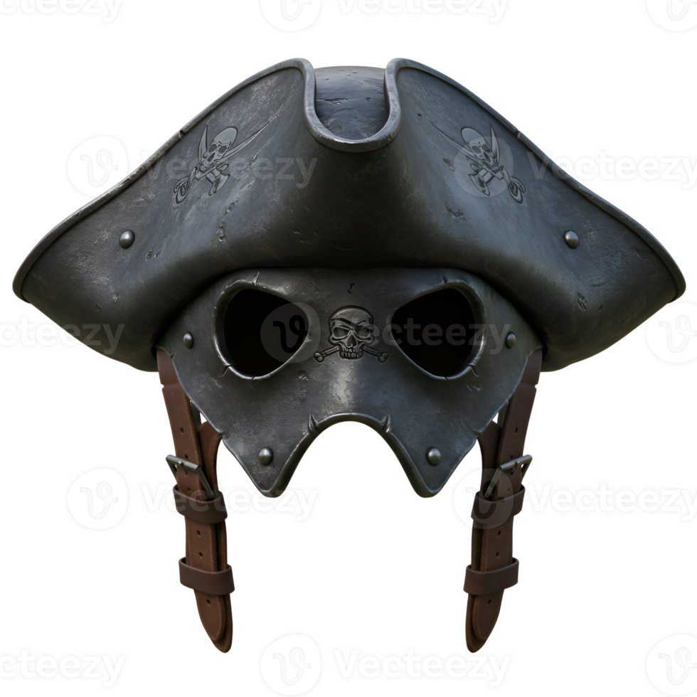 3D Render of a Metal Pirate Captain Hat and Mask with Skull and Crossbones Detail png