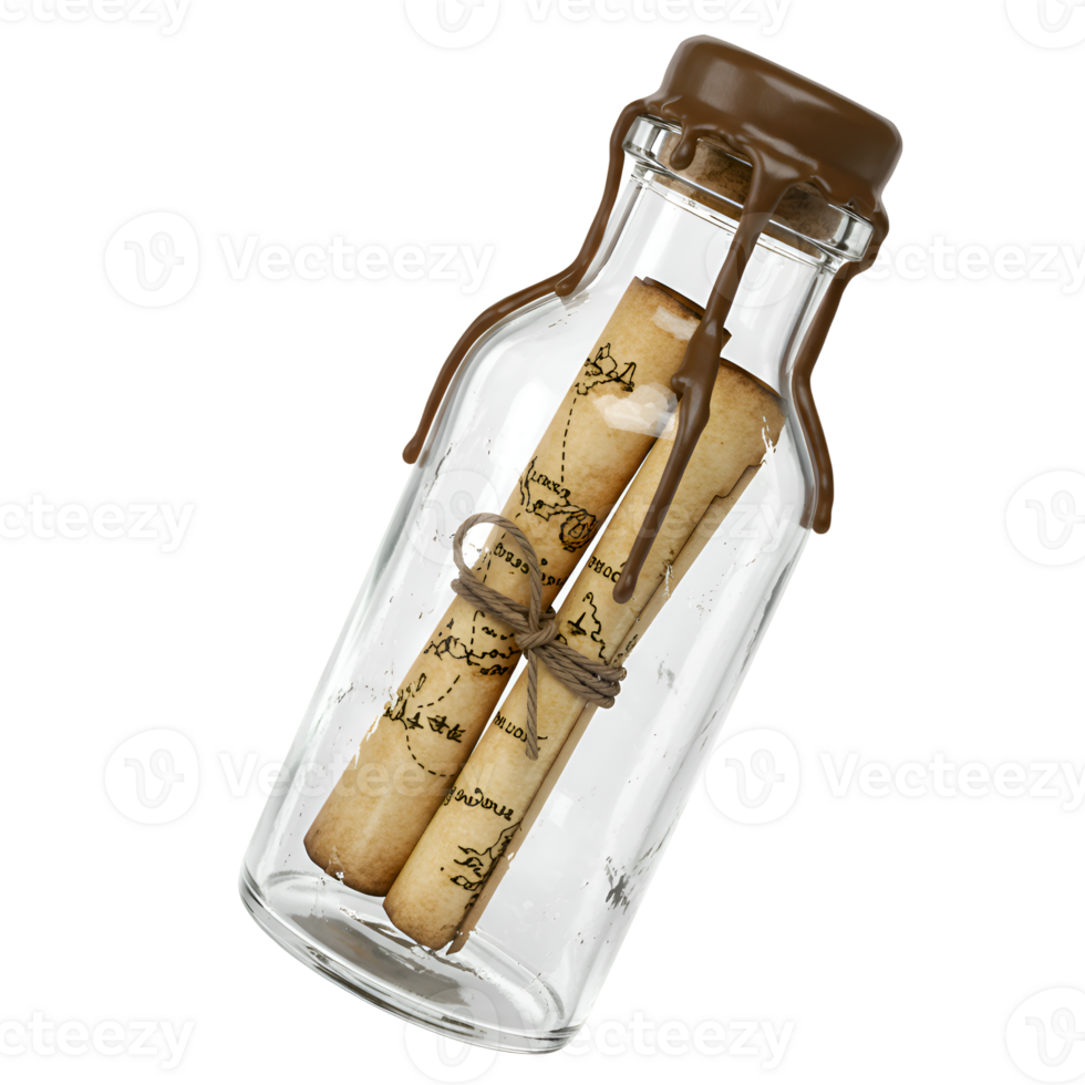 Antique Message in a Bottle with Wax Seal and Rolled Map png