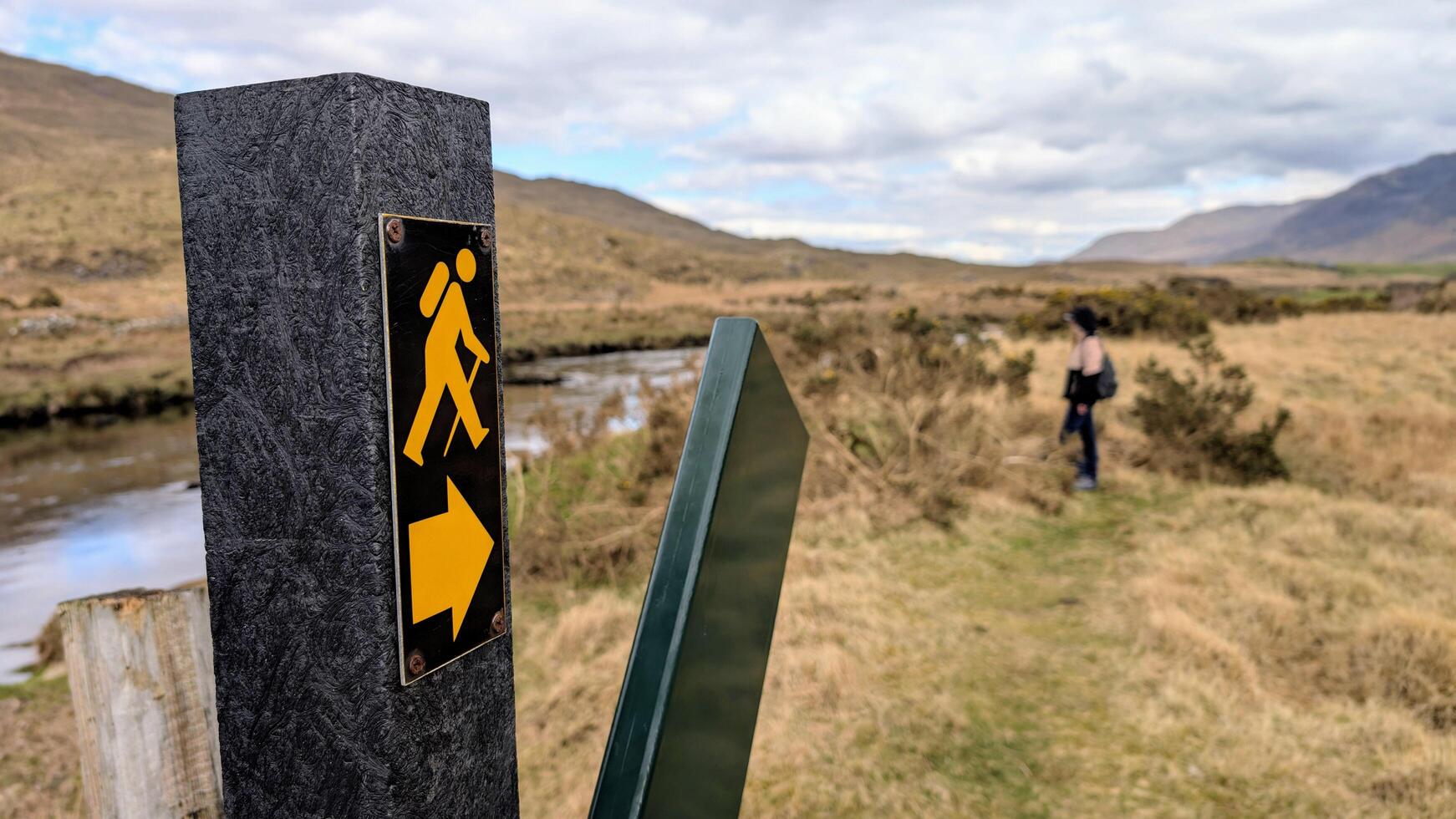 Yellow Hiking Sign on Scenic Trail by the Erriff River in Aasleagh, County Mayo, Ireland, Nature and Adventure Destination photo