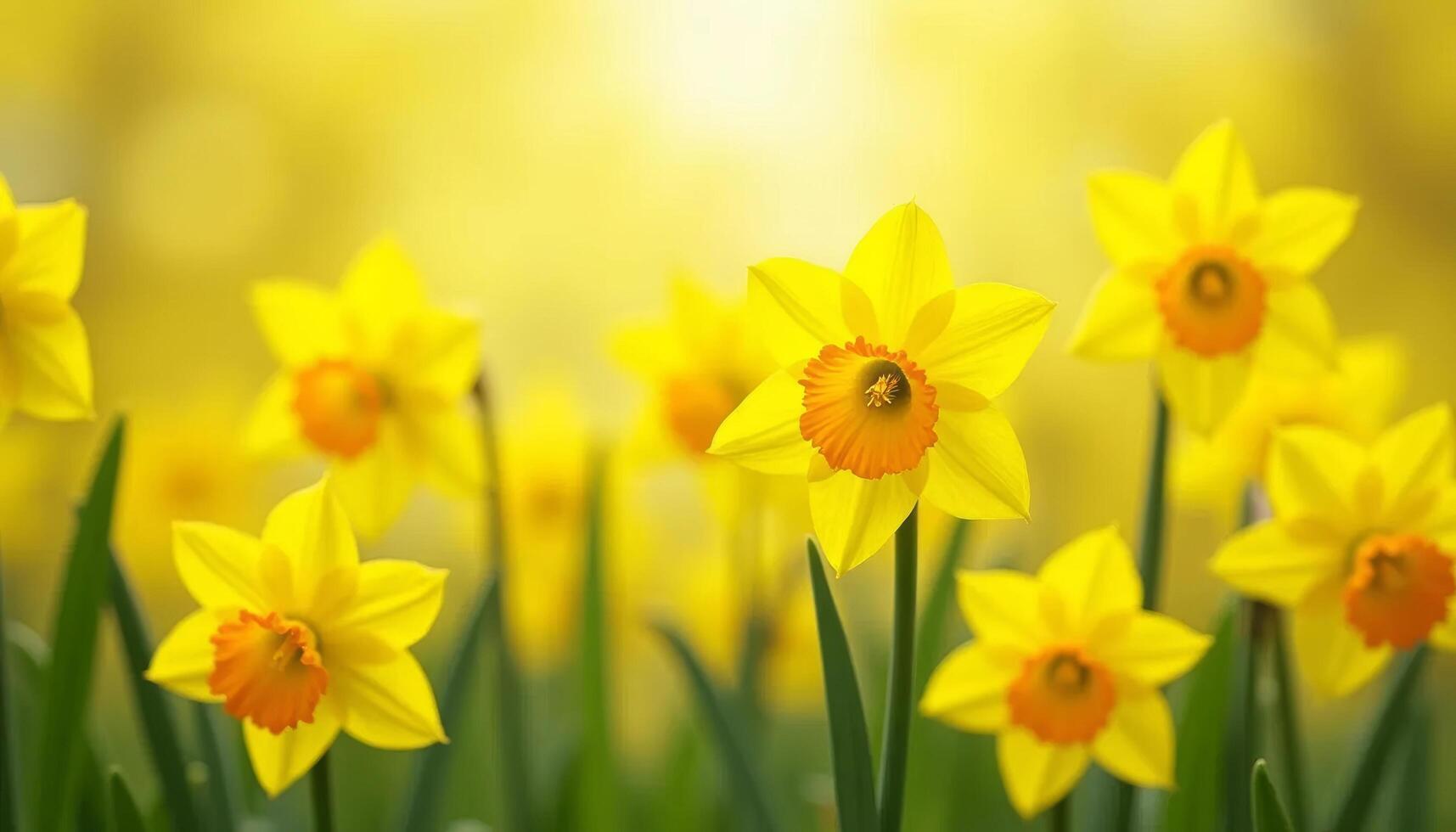 Yellow daffodils blooming in the garden, spring nature background with copy space for text photo