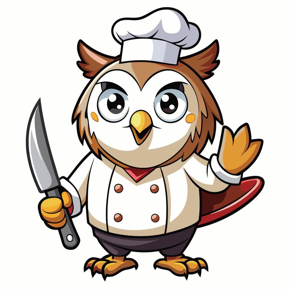 an owl chef with a knife and fork white background vector