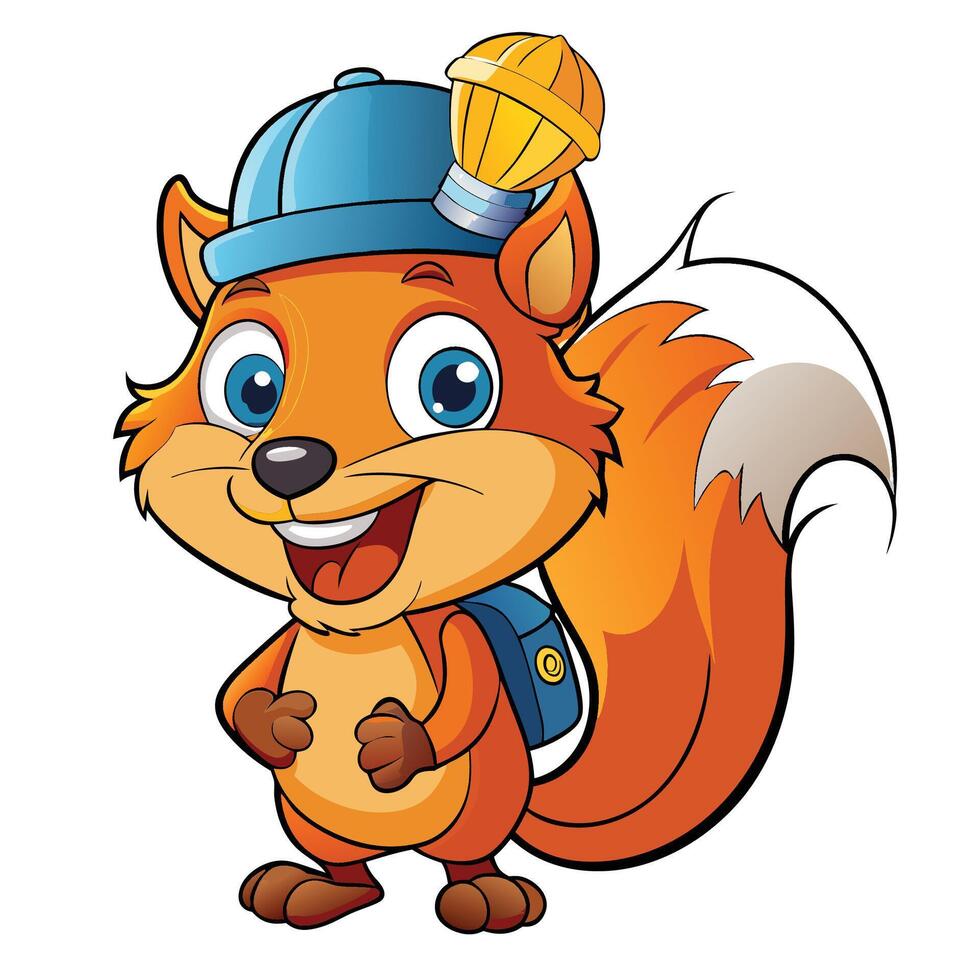 Cute squirrel character wearing a cap and backpack vector