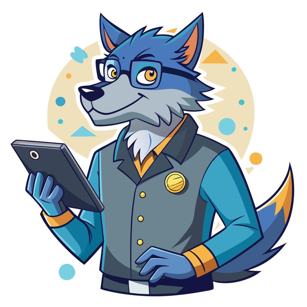 Cool wolf character with tablet vector