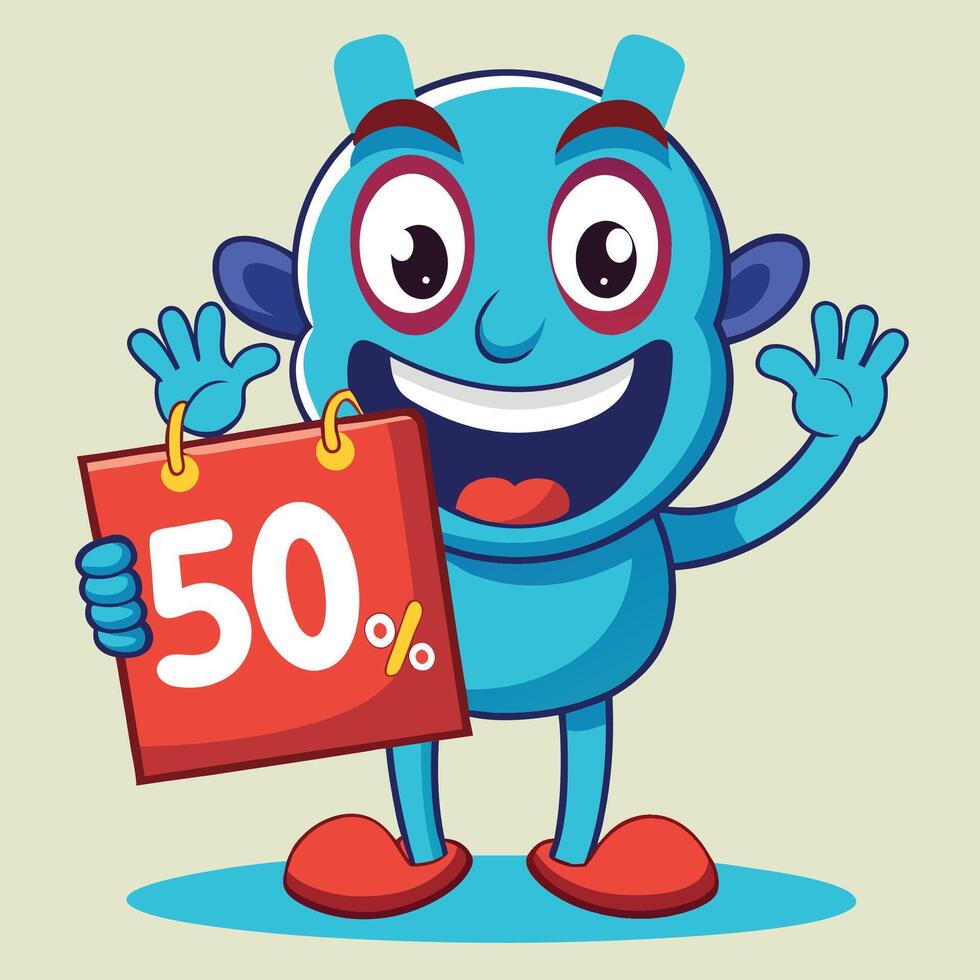 Cartoon alien character holding a discount sign vector