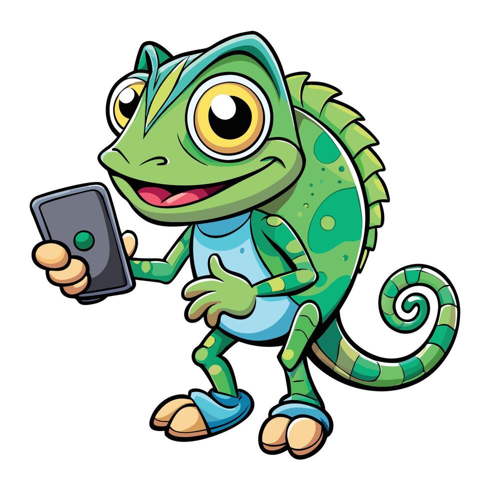 a cartoon chameleon holding a cell phone vector