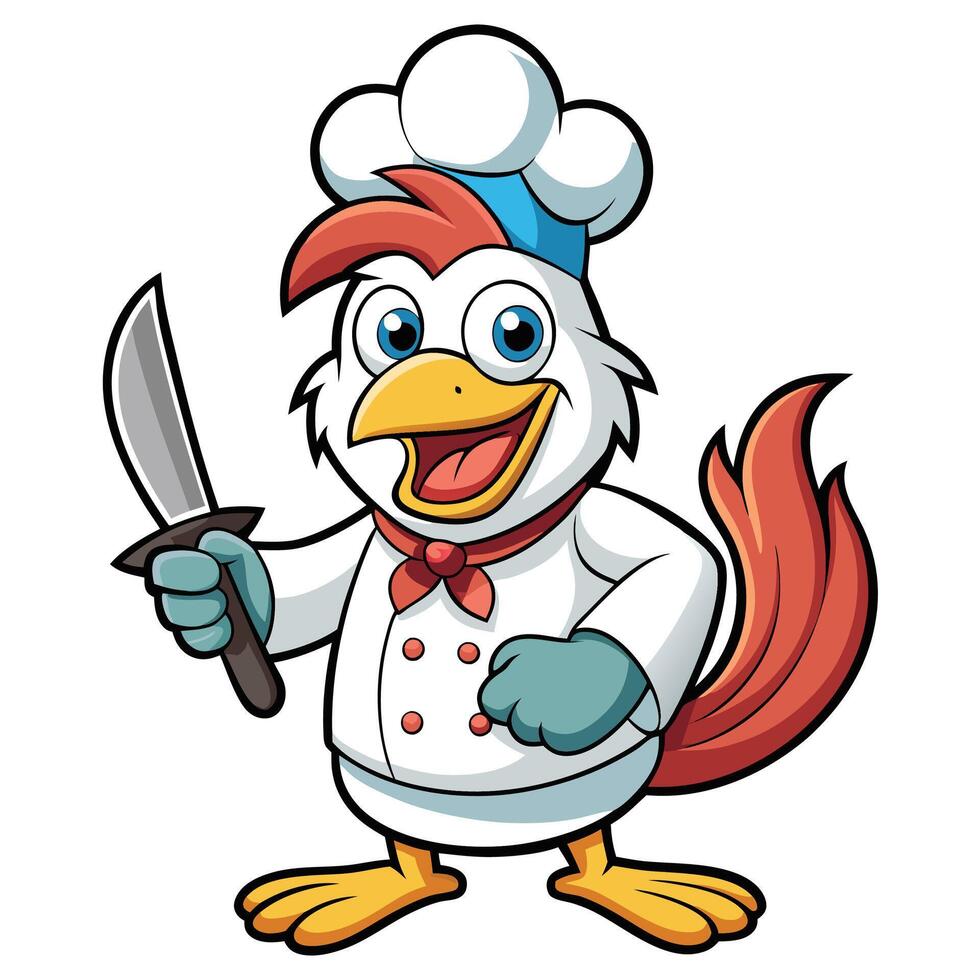 chef chicken holding a knife white background vector