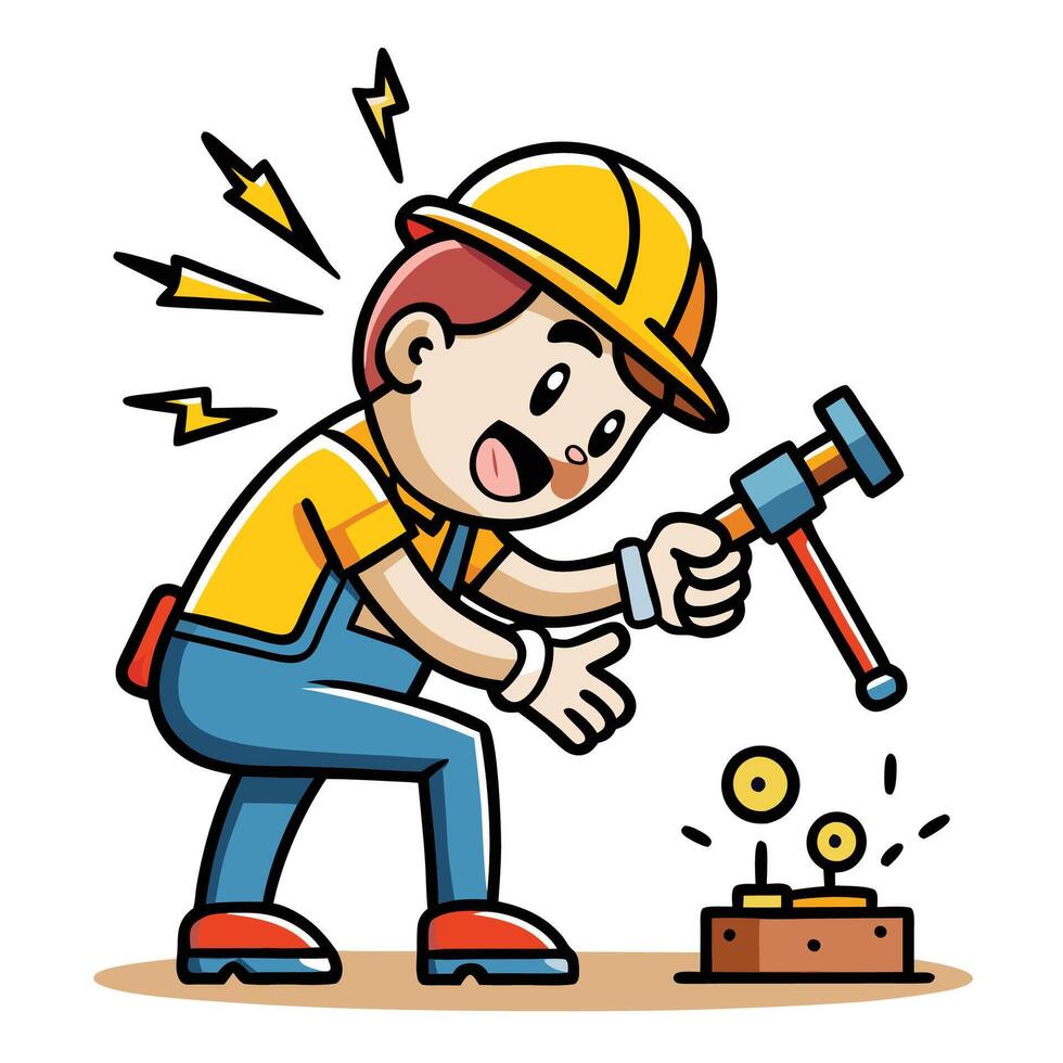 Animated worker with tools, performing a repair vector