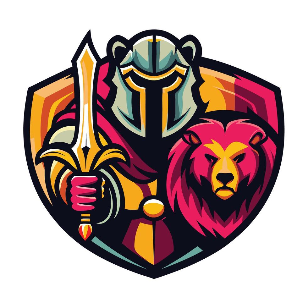 Armored warrior with lion, wielding a sword, protected by a shield vector