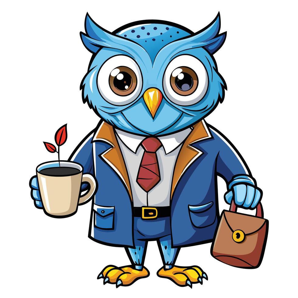 Business Owl with Coffee and Bag vector