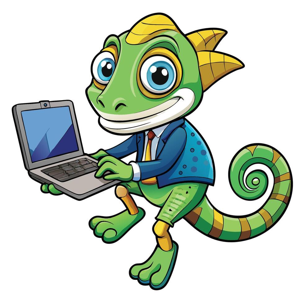 Cartoon Chameleon Working on a Laptop vector