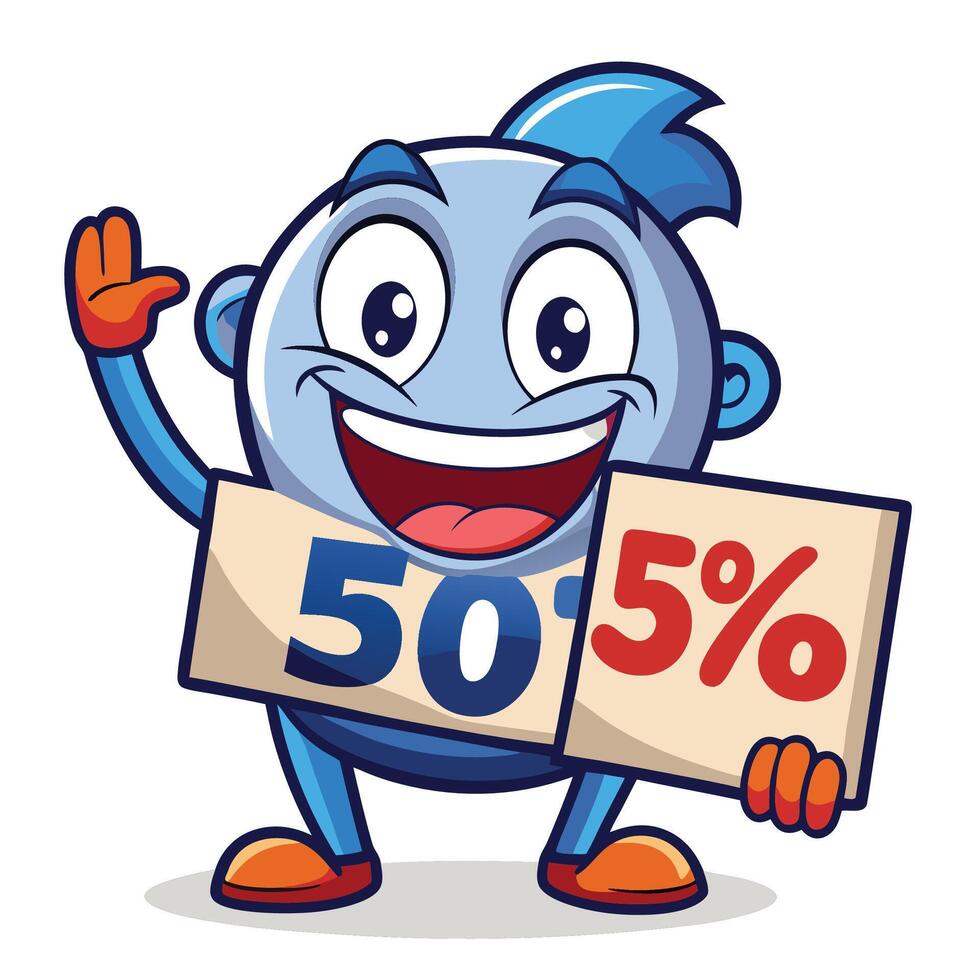 blue cartoon character holding percent sign vector