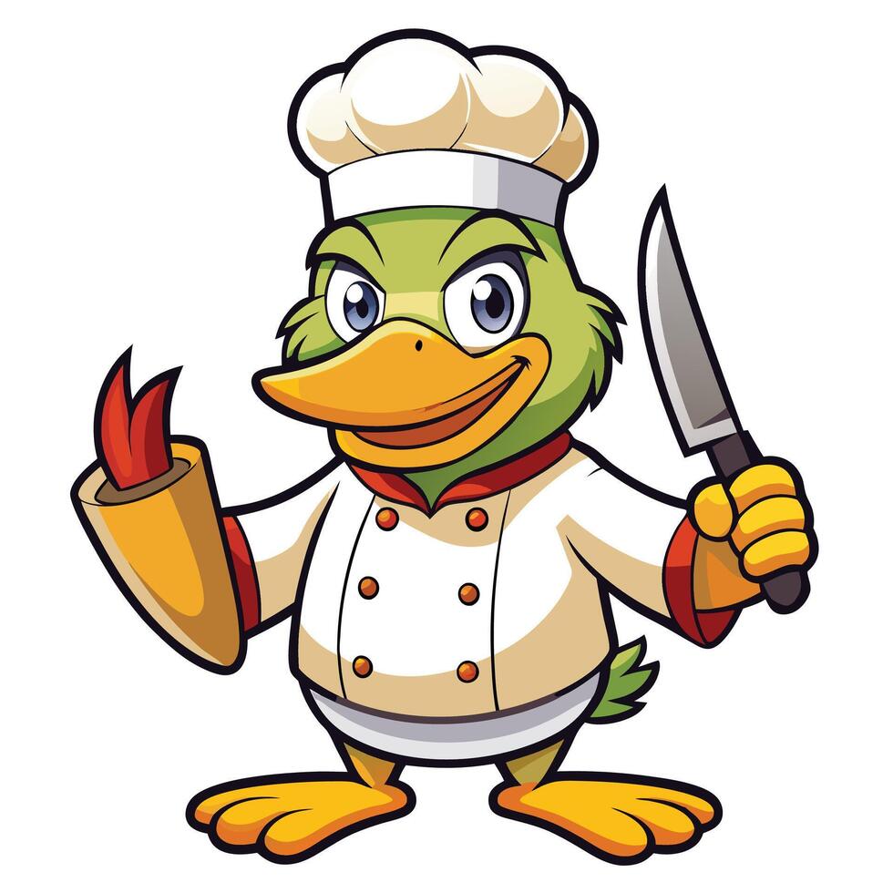 Cartoon chef duck with hot dog and knife vector
