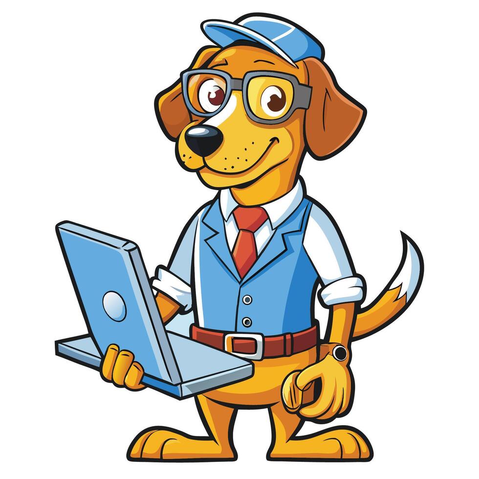 Cartoon dog in business attire holding a laptop vector