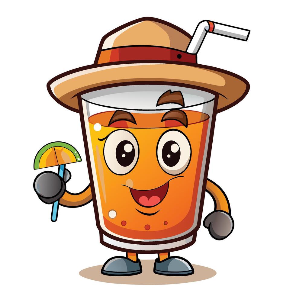Cartoon glass of juice wearing a hat, holding a beach umbrella and straw vector