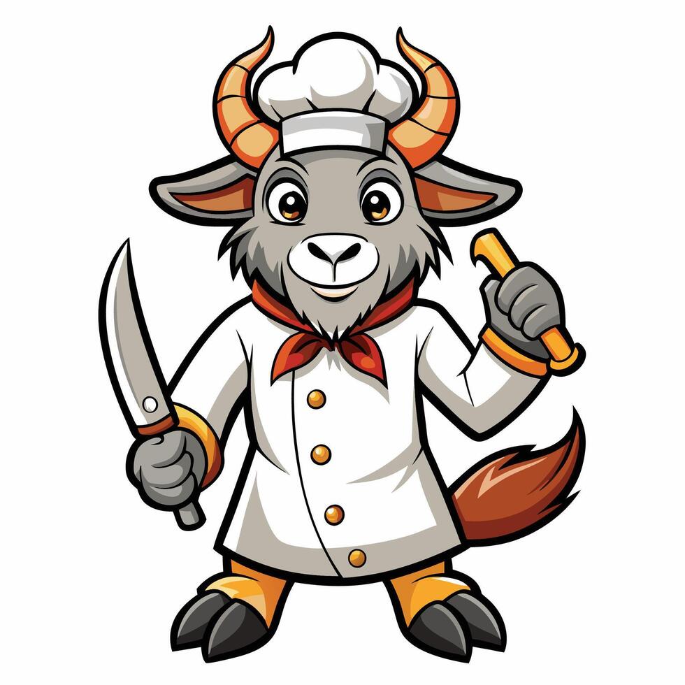 Cartoon goat chef holding knife and spatula vector