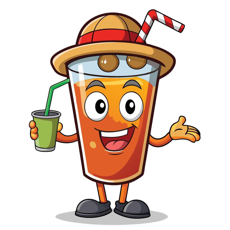 Cartoon juice drink in a straw hat, holding another drink vector