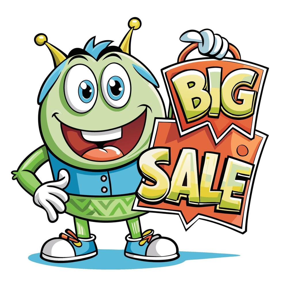 Cartoon monster holding a big sale sign vector