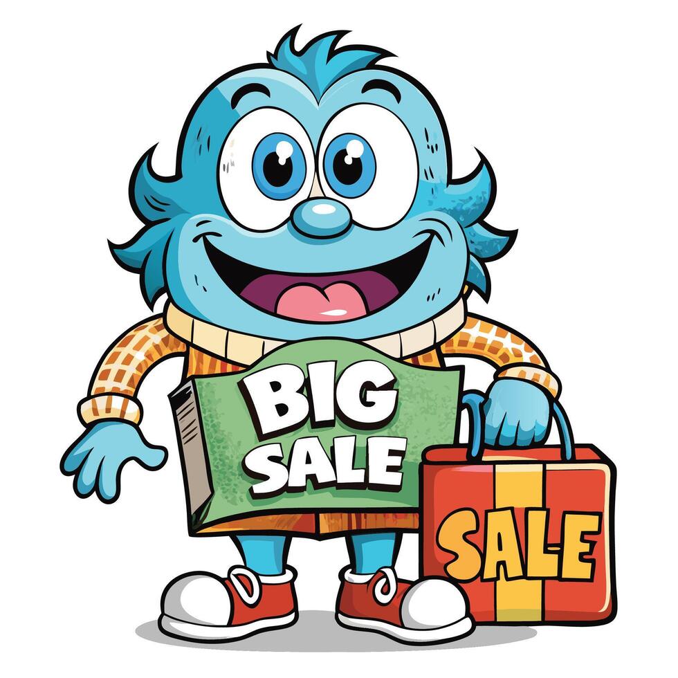 Cartoon monster holding a big sale sign and shopping bag vector