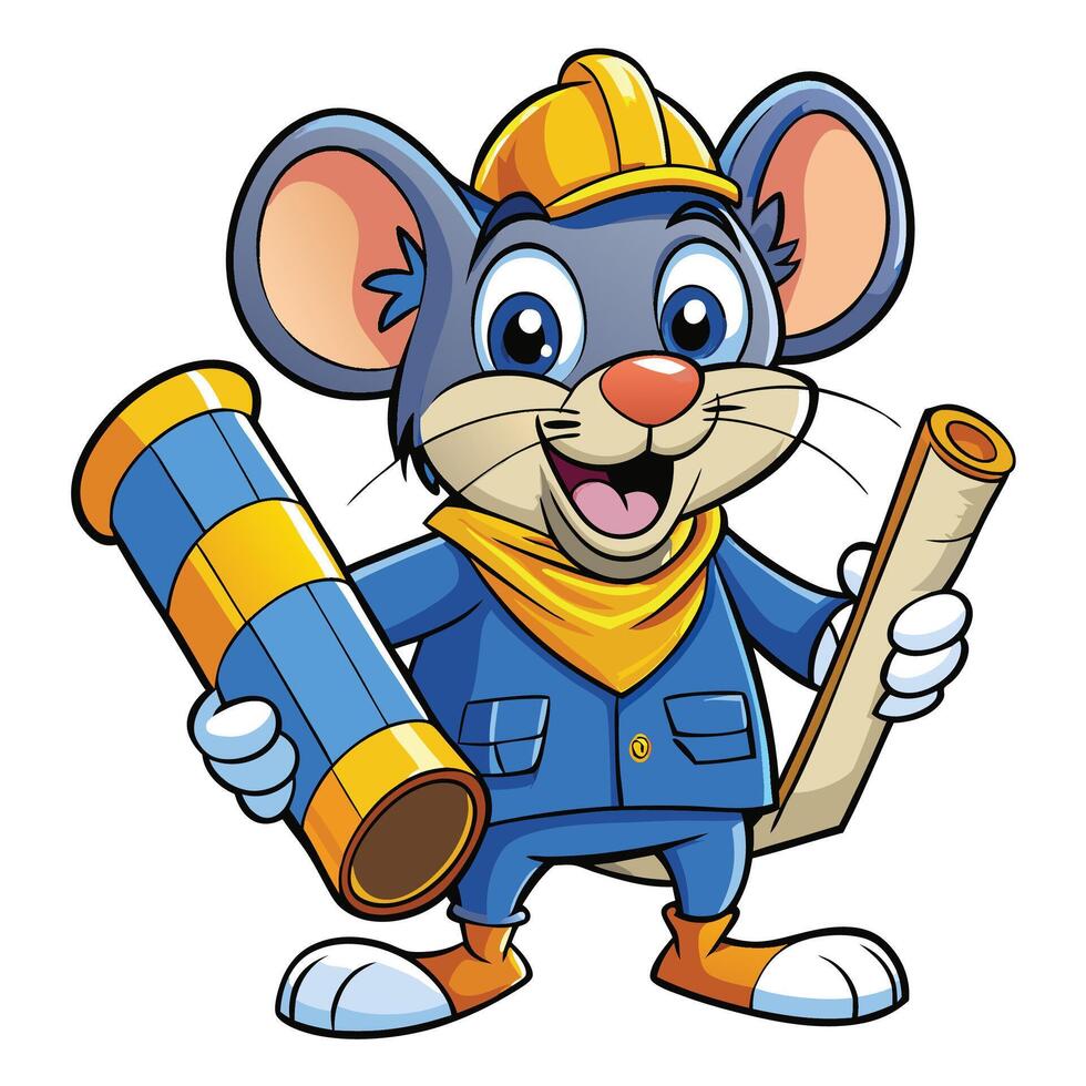 Cartoon mouse construction worker with tools vector