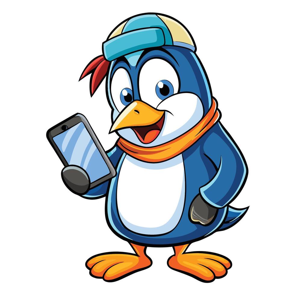 penguin with smartphone illustration vector