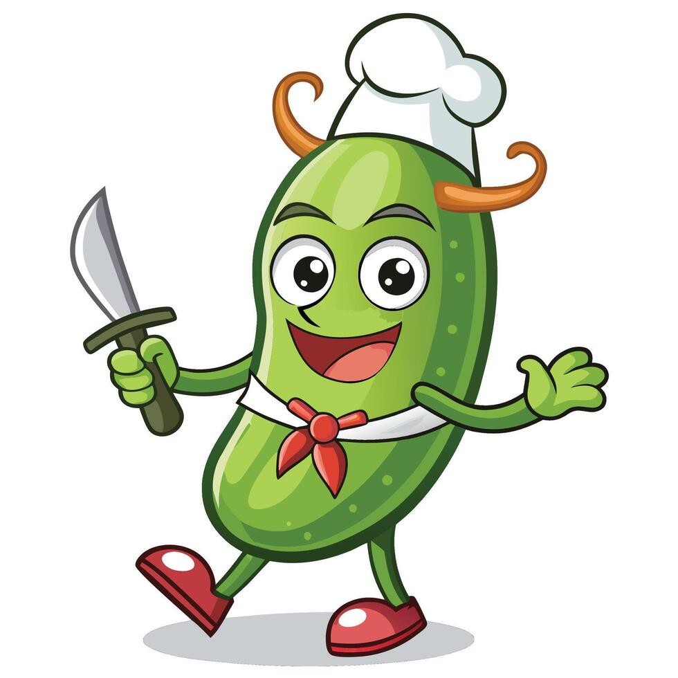 a pickle character with a knife and a chef hat vector