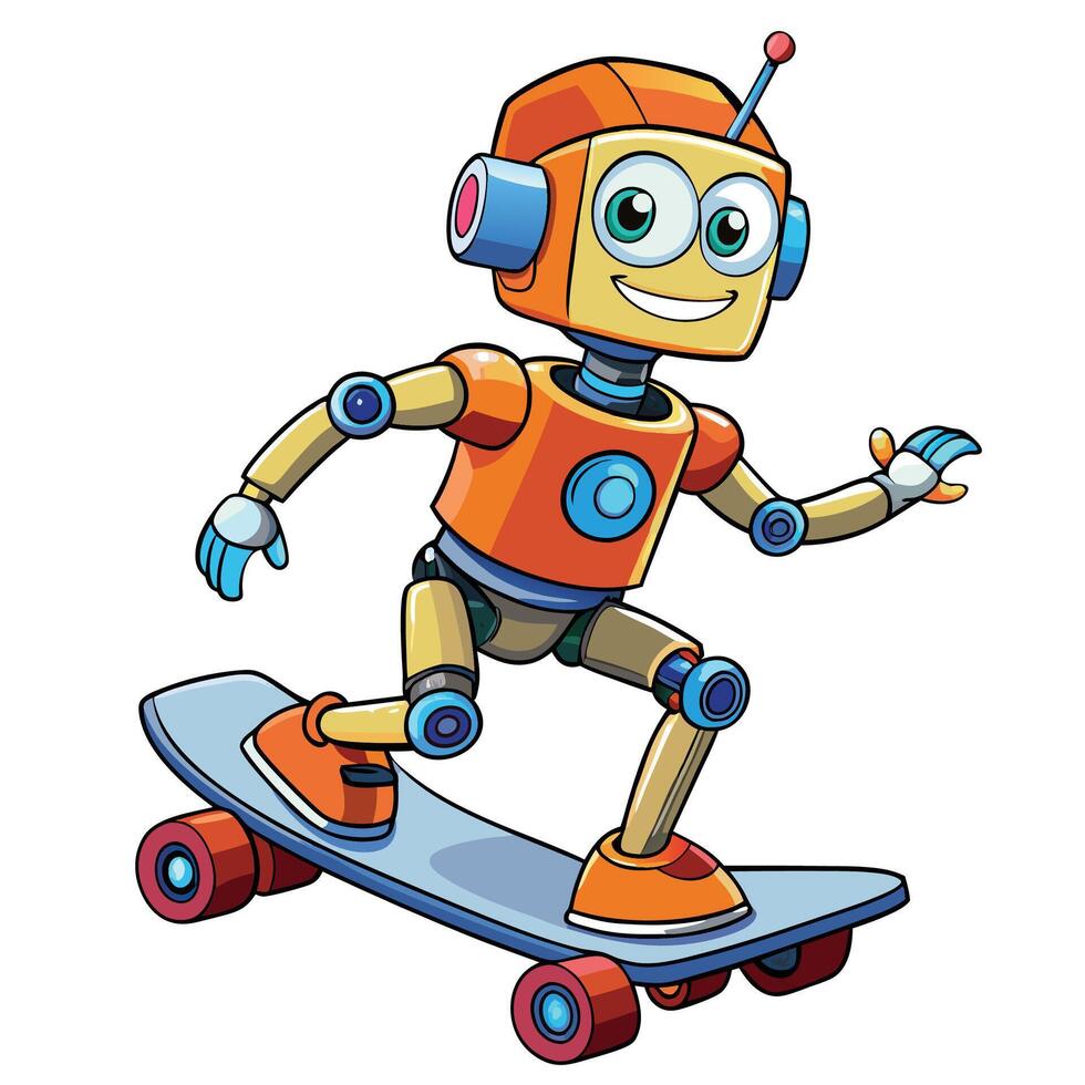 cartoon robot riding a skateboard white background vector