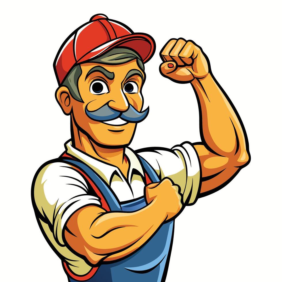 Cartoon strong worker in overalls vector