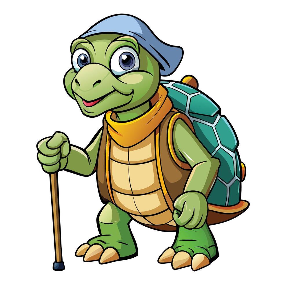 Cartoon Turtle with a Walking Stick vector