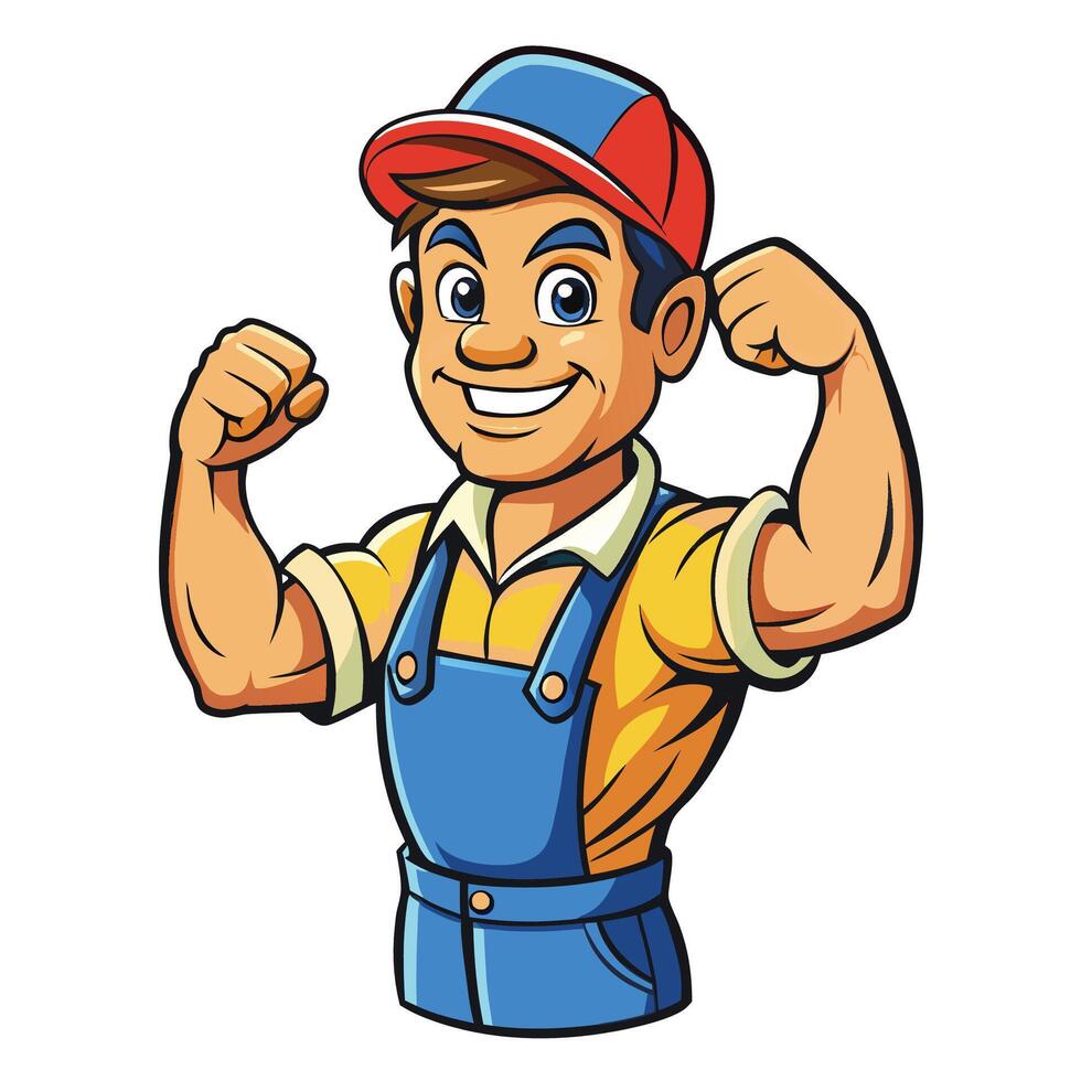Cartoon worker flexing muscles in overalls vector