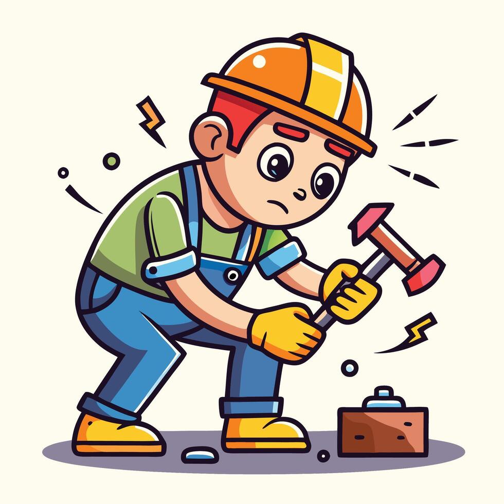 Cartoon worker using a hammer vector