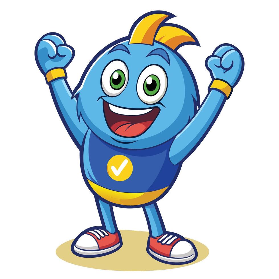 Cheerful, blue cartoon character with raised arms vector