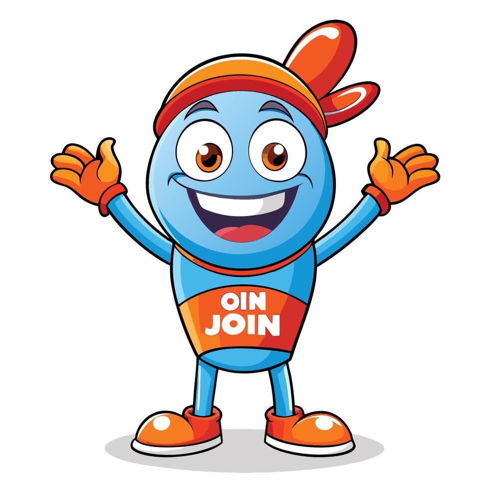 Cheerful cartoon character with hands raised, encouraging people to join vector