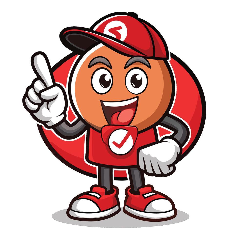Cheerful mascot character in a red cap and sneakers, pointing with one hand and wearing a check mark vector
