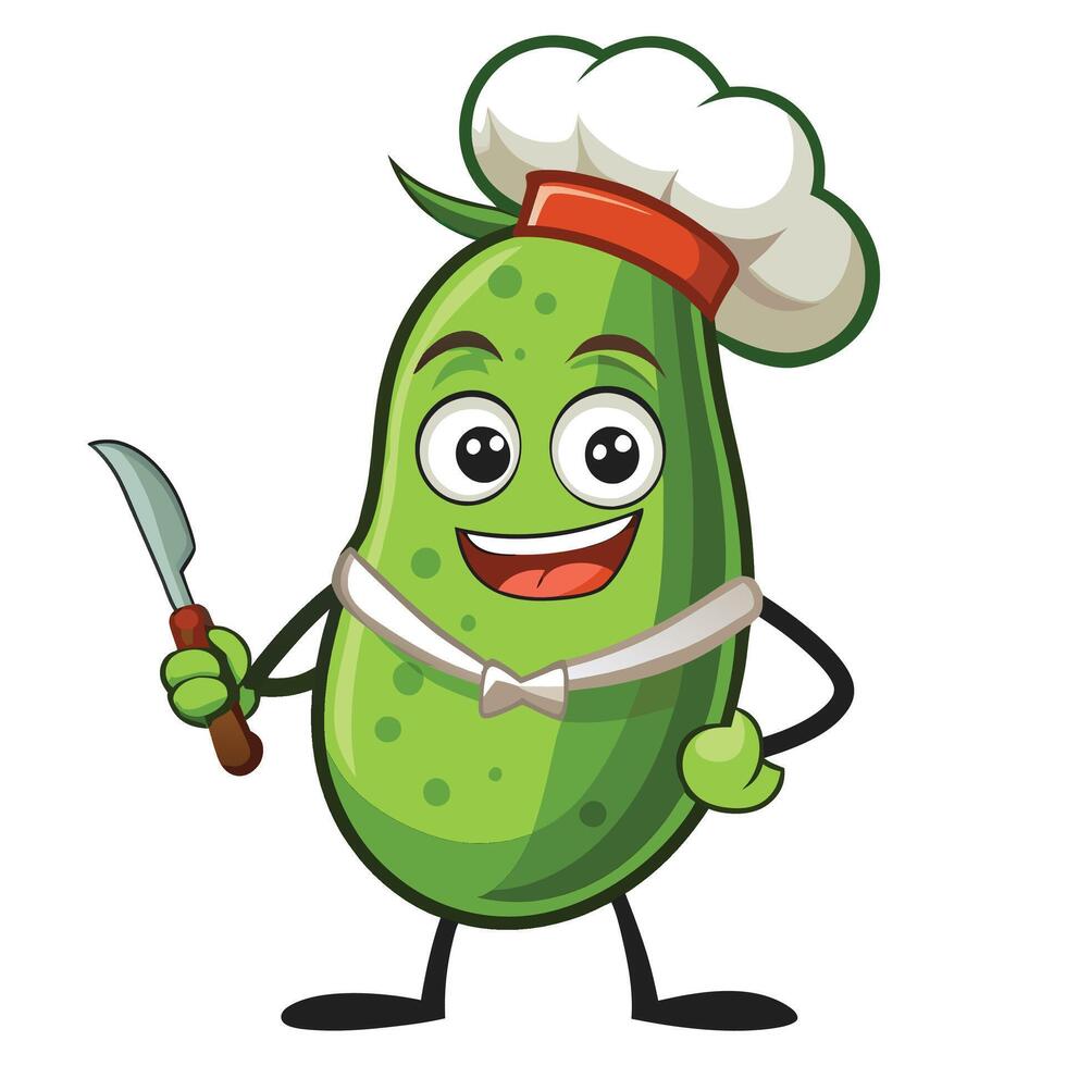 cute pickle cartoon chef with knife and fork vector