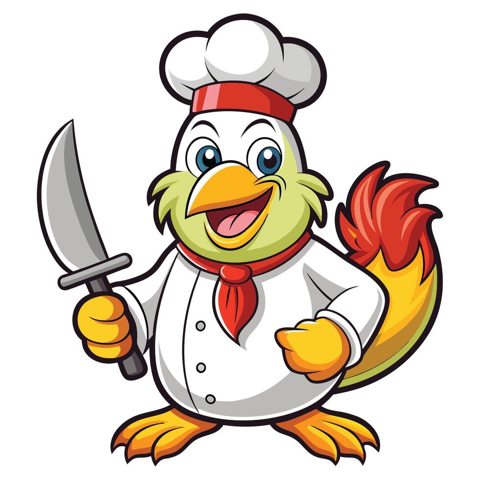 cartoon chef chicken holding a knifebackground vector