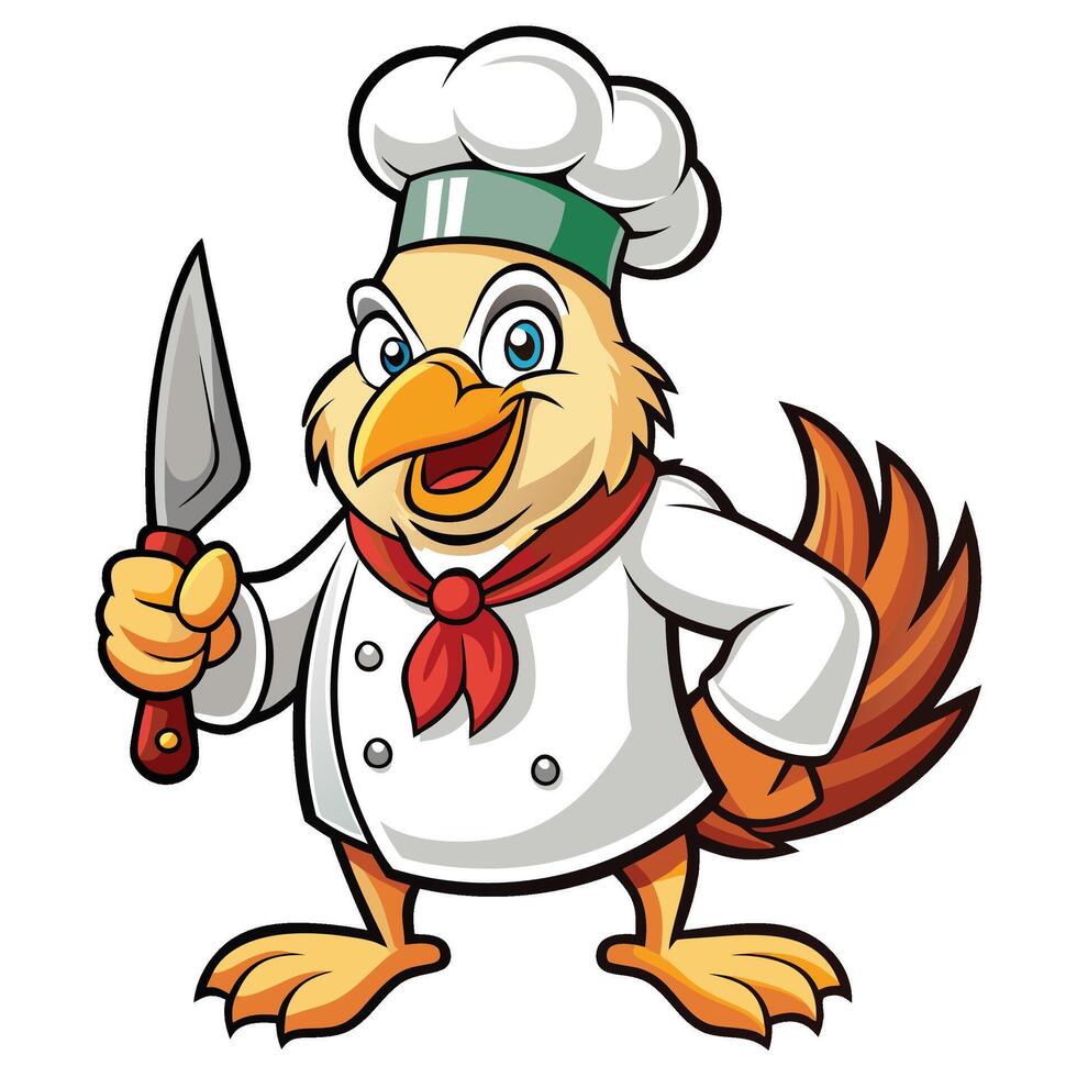 cartoon chef chicken holding knife white background vector