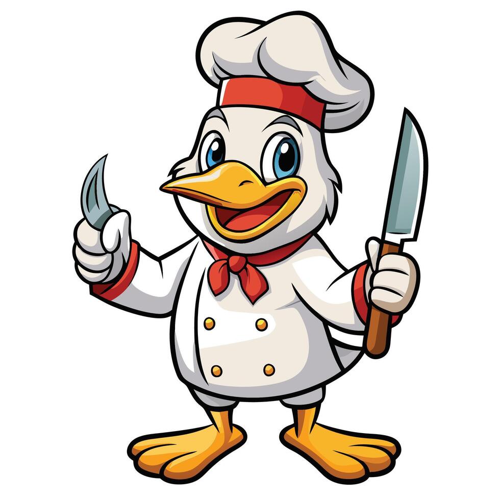Chef duck mascot holding a knife vector