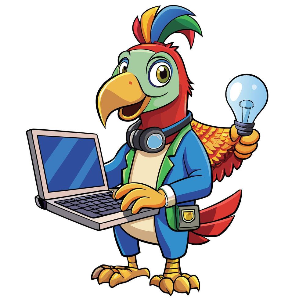 Colorful bird mascot with laptop and lightbulb vector
