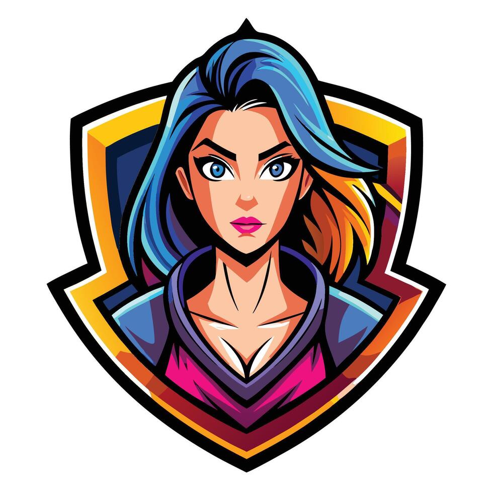 Colorful female avatar with vibrant hair and expression, within a shield emblem vector