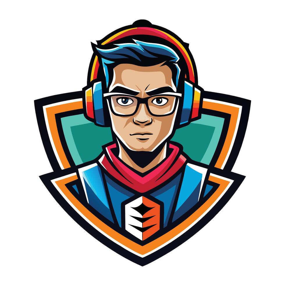 Colorful gamer avatar in a shield emblem vector