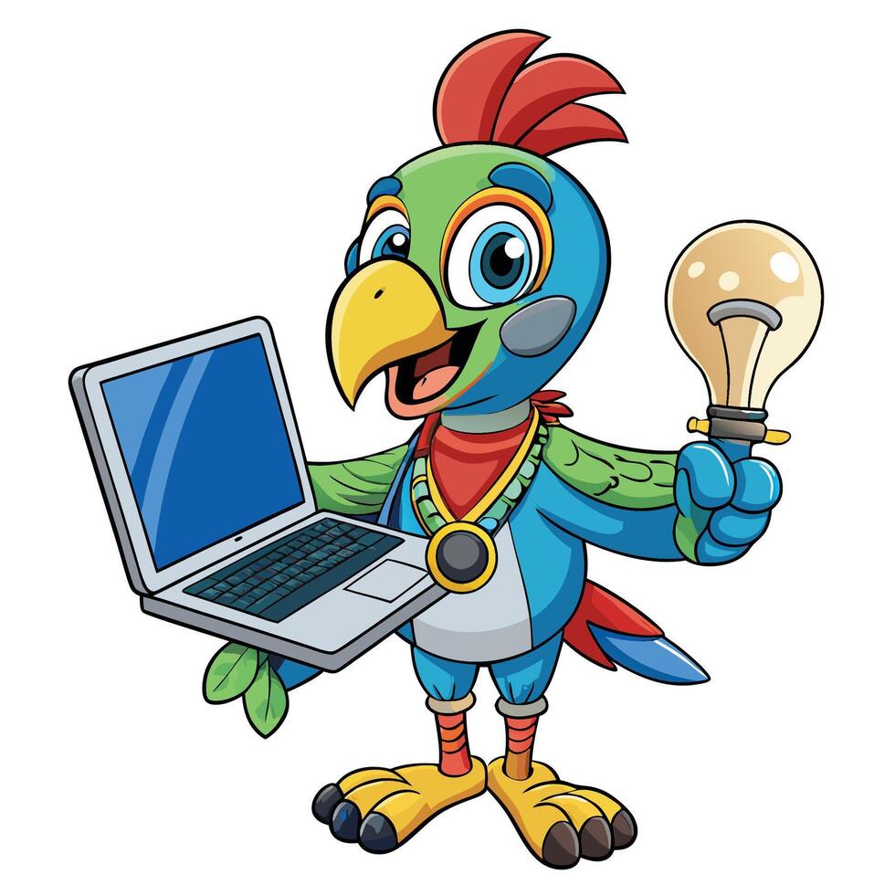 Colorful parrot mascot holding a laptop and lightbulb vector