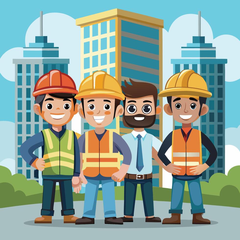 Construction Team Posing in Front of Skyscrapers vector