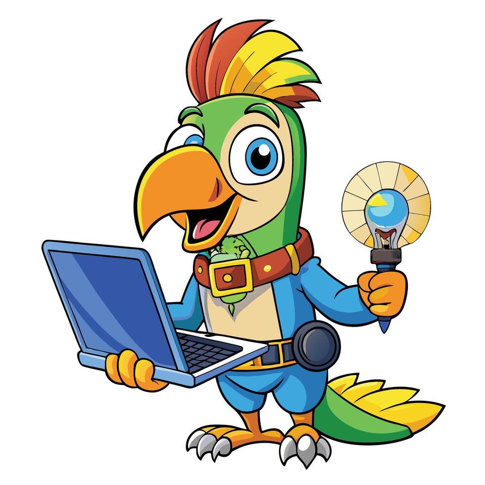 Creative parrot mascot holding a laptop and lightbulb vector