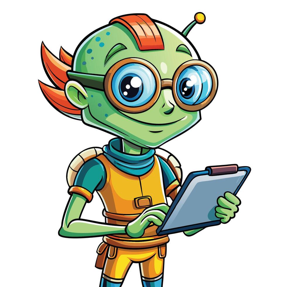 Cute alien using a tablet vector