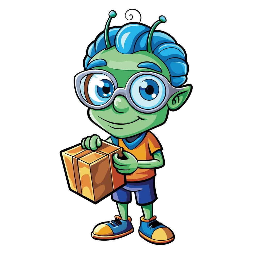 Cute alien holding a package vector