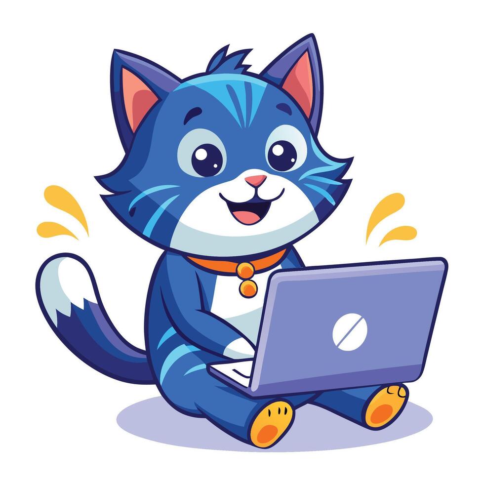 Cute blue cat sitting and using a laptop vector